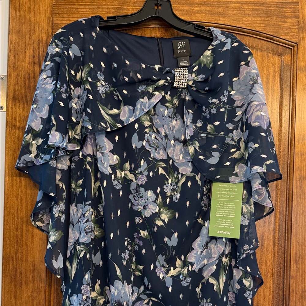 JH Collectibles Dark Blue Floral Blouse with Bow Accent